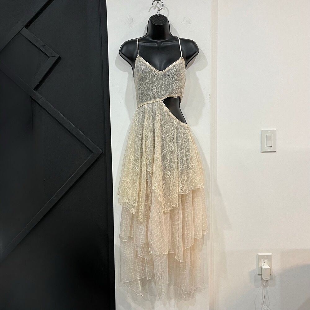 Current Mood Off White Sheer Lace Cutout Dress Small Fairy Cottage Layered
